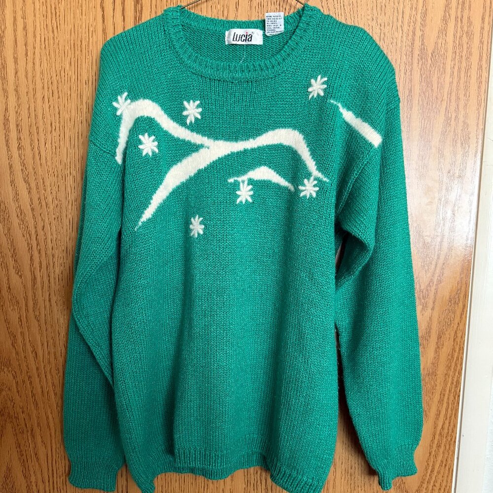 Vintage 80s 90s Lucia Nordic Winter Snowflake Sweater Green Size M Christmas